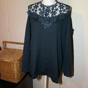 Amaryllis Black Lace Trim Cold Shoulder Sweater